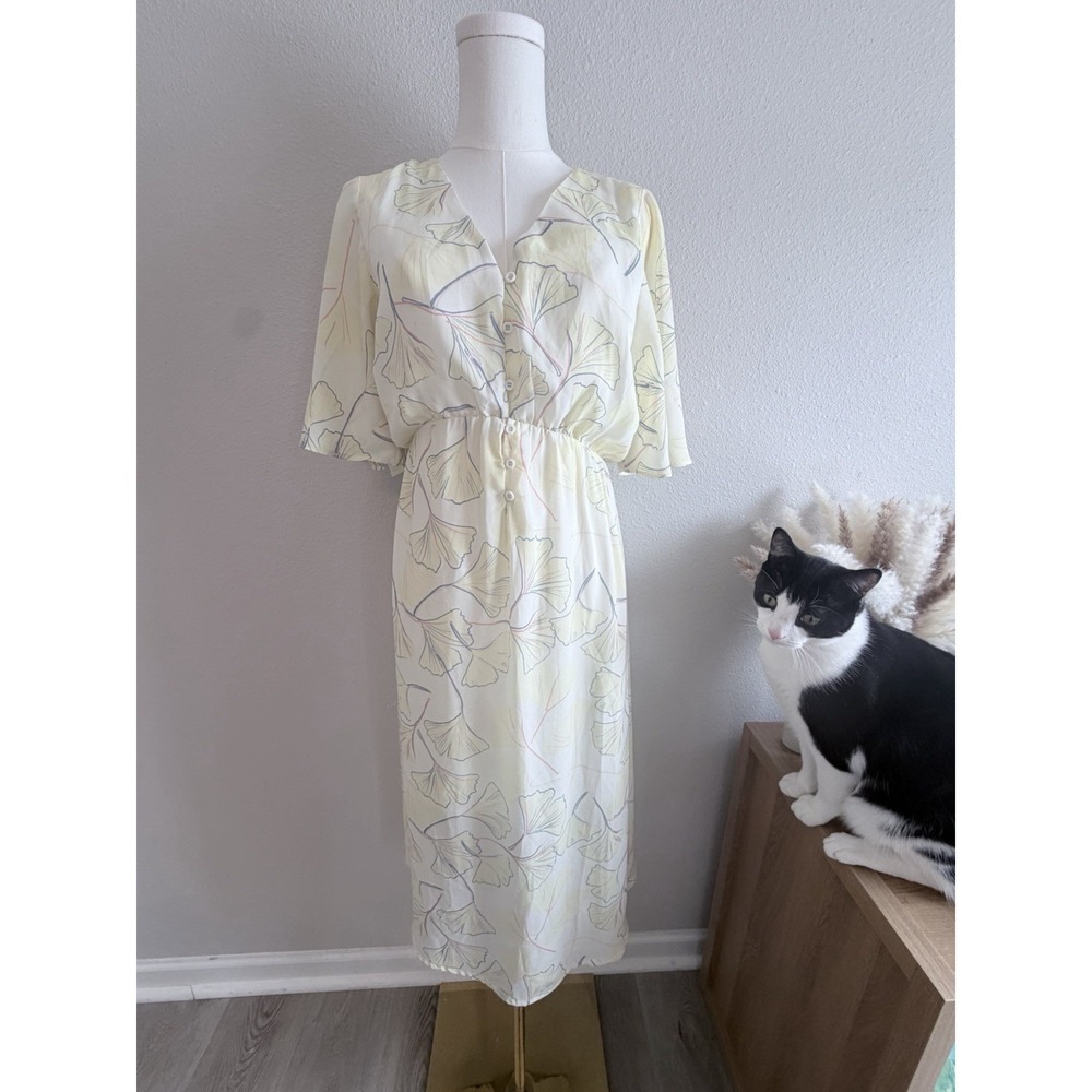 Yellow Floral Button Front‎ Midi Dress V-Neck Short Flutter Sleeve Elastic Waist